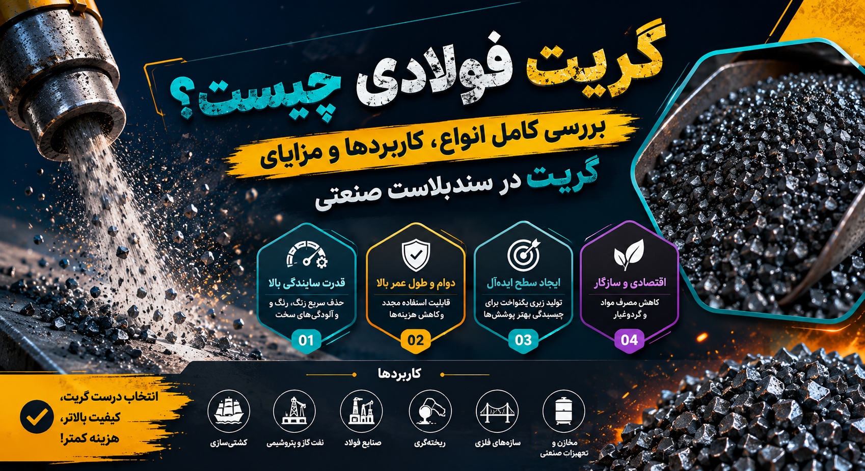 گریت فولادی چیست؟ بررسی کامل انواع، کاربردها و مزایای گریت در سندبلاست صنعتی
